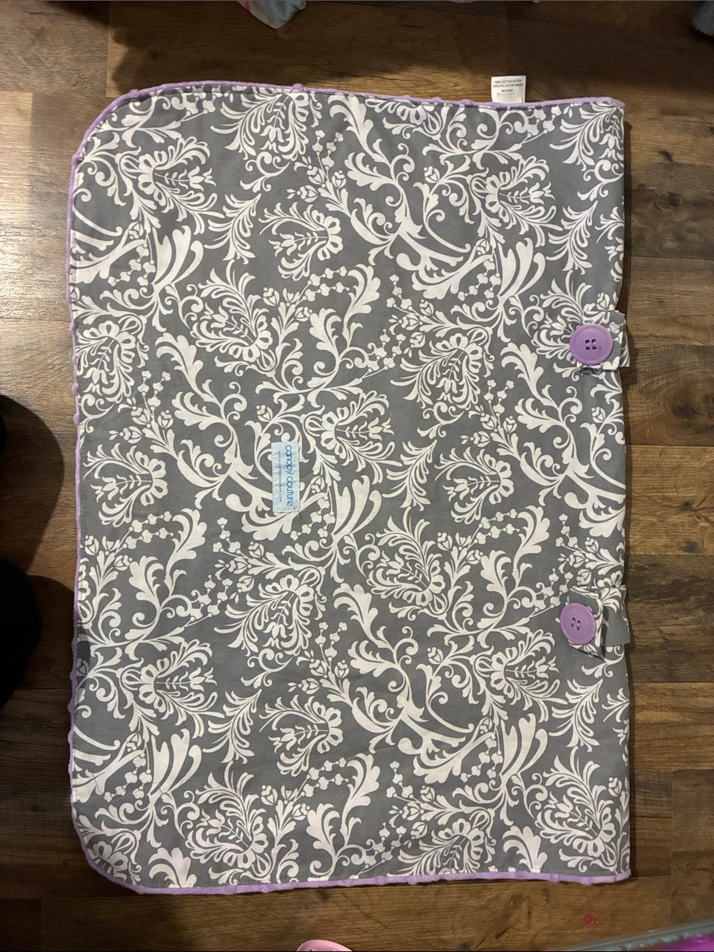 Gray and White Floral Infant Seat Cover with Purple Minky Interior
